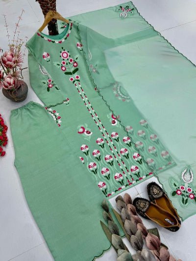 Mint Green Embroidered Palazzo Suit Set for Women UK - BONYHUBSALWAR KAMEEZ
