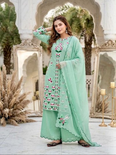 Mint Green Embroidered Palazzo Suit Set for Women UK - BONYHUBSALWAR KAMEEZ