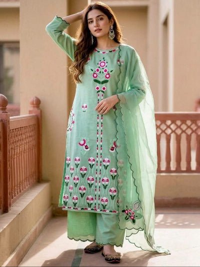 Mint Green Embroidered Palazzo Suit Set for Women UK - BONYHUBSALWAR KAMEEZ