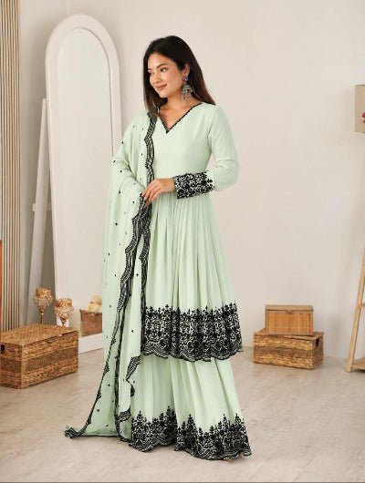 Mint Green Georgette Embroidery Work Anarkali Palazzo Suit - BONYHUBSALWAR KAMEEZ