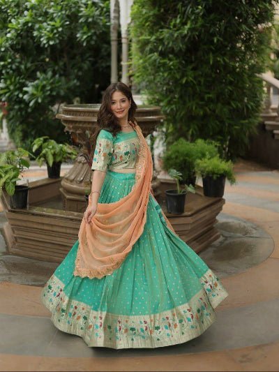 Mint Green &amp; Peach Jacquard Weaving Lehenga Choli - BONYHUBSALWAR KAMEEZ