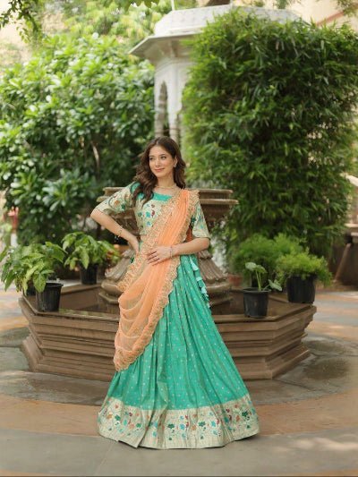 Mint Green &amp; Peach Jacquard Weaving Lehenga Choli - BONYHUBSALWAR KAMEEZ