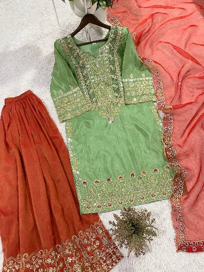 Mint Green &amp; Rust Orange Embroidery Sharara Palazzo Suit - BONYHUBSALWAR KAMEEZ