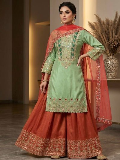 Mint Green &amp; Rust Orange Embroidery Sharara Palazzo Suit - BONYHUBSALWAR KAMEEZ