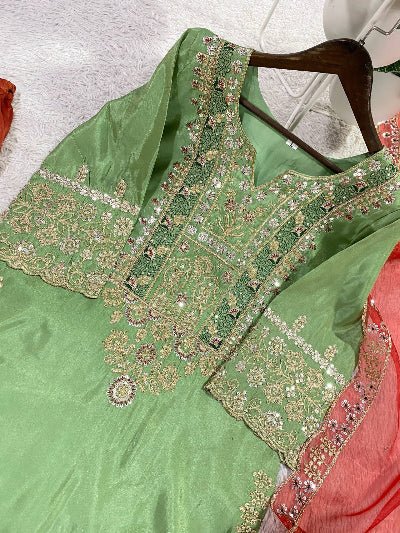 Mint Green &amp; Rust Orange Embroidery Sharara Palazzo Suit - BONYHUBSALWAR KAMEEZ