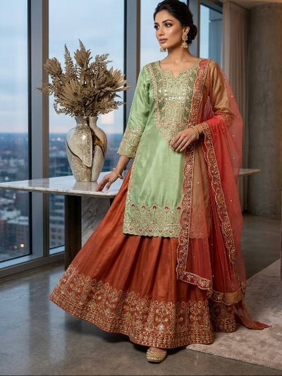 Mint Green &amp; Rust Orange Embroidery Sharara Palazzo Suit - BONYHUBSALWAR KAMEEZ