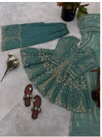 Mint Green Wedding Embroidery Sharara Suit - BONYHUBSALWAR KAMEEZ