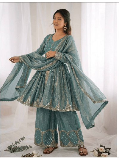 Mint Green Wedding Embroidery Sharara Suit - BONYHUBSALWAR KAMEEZ