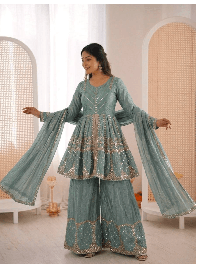 Mint Green Wedding Embroidery Sharara Suit - BONYHUBSALWAR KAMEEZ