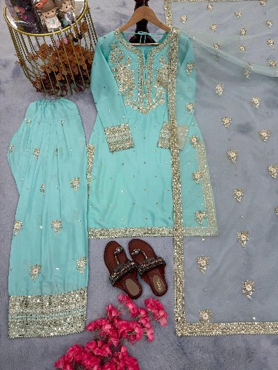 Minty Blue Sequins Work Farshi Salwar Suit - BONYHUBSALWAR KAMEEZ