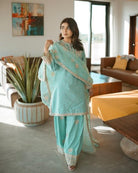 Minty Blue Sequins Work Farshi Salwar Suit - BONYHUBSALWAR KAMEEZ