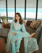 Minty Blue Sequins Work Farshi Salwar Suit - BONYHUBSALWAR KAMEEZ