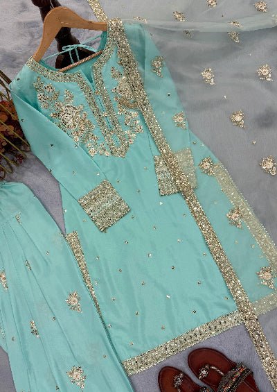 Minty Blue Sequins Work Farshi Salwar Suit - BONYHUBSALWAR KAMEEZ