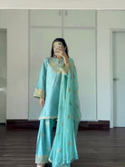 Minty Blue Sequins Work Farshi Salwar Suit - BONYHUBSALWAR KAMEEZ