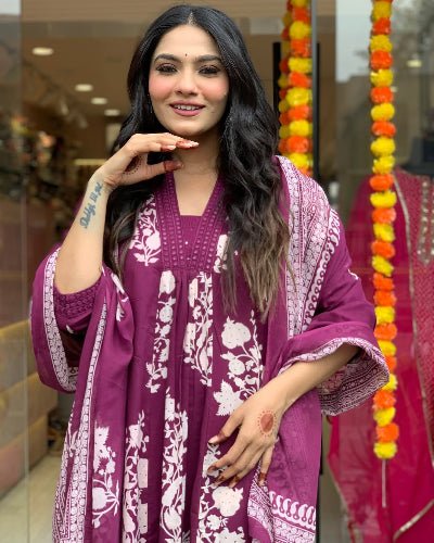 Mulberry Cotton V Neck Anarkali Suit Set - BONYHUBSALWAR KAMEEZ