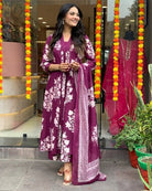 Mulberry Cotton V Neck Anarkali Suit Set - BONYHUBSALWAR KAMEEZ