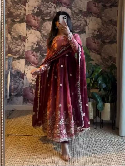Mulberry Plum Chinon Silk Embroidery Anarkali Suit - BONYHUBSALWAR KAMEEZ