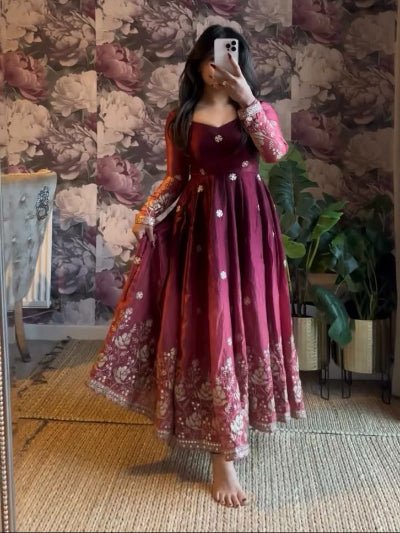 Mulberry Plum Chinon Silk Embroidery Anarkali Suit - BONYHUBSALWAR KAMEEZ
