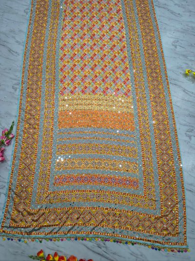 Multicolor Chinon Mirror Work Sari with Unstitched Blouse - BONYHUBSAREE