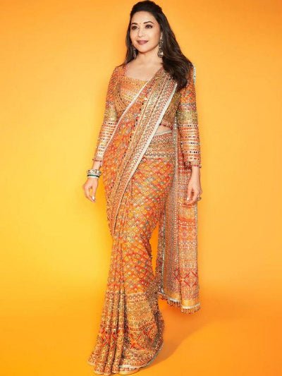 Multicolor Chinon Mirror Work Sari with Unstitched Blouse - BONYHUBSAREE