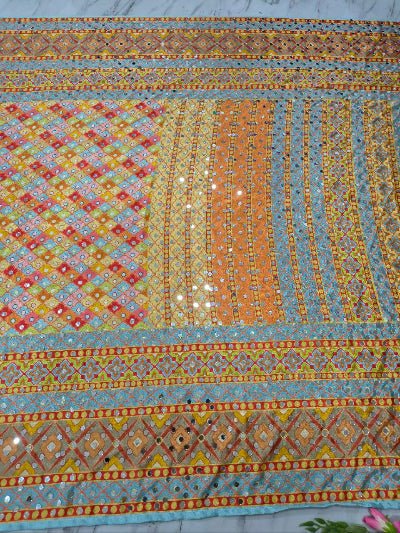 Multicolor Chinon Mirror Work Sari with Unstitched Blouse - BONYHUBSAREE