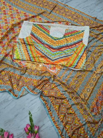 Multicolor Chinon Mirror Work Sari with Unstitched Blouse - BONYHUBSAREE