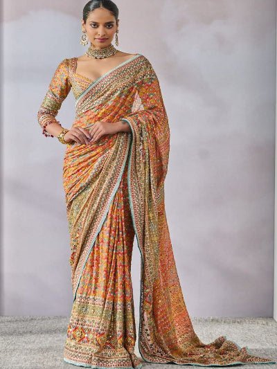 Multicolor Chinon Mirror Work Sari with Unstitched Blouse - BONYHUBSAREE