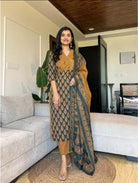 Mustard Cotton Printed Salwar Suit (Set of 3) - BONYHUBSALWAR KAMEEZ