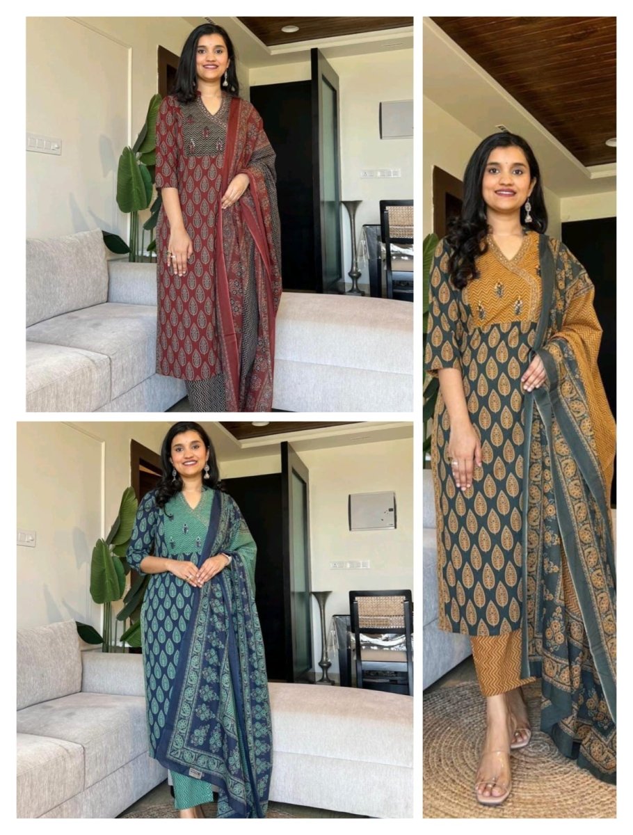 Mustard Cotton Printed Salwar Suit (Set of 3) - BONYHUBSALWAR KAMEEZ