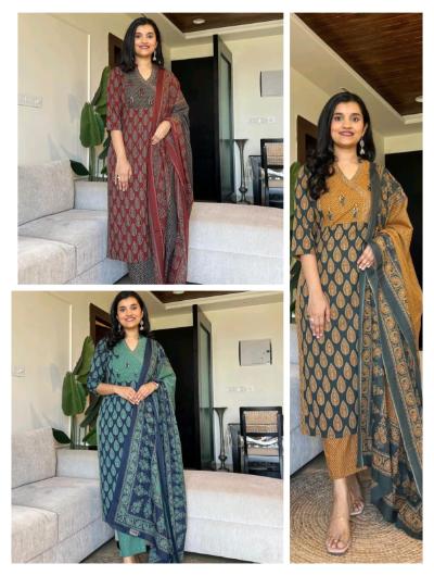 Mustard Cotton Printed Salwar Suit (Set of 3) - BONYHUBSALWAR KAMEEZ