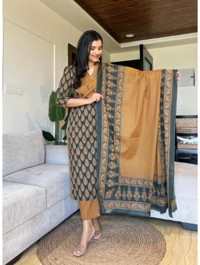 Mustard Cotton Printed Salwar Suit (Set of 3) - BONYHUBSALWAR KAMEEZ