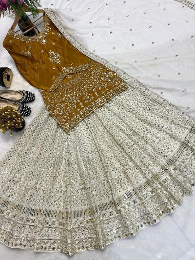 Mustard Cream Gold Embroidery Kurti Skirt With Dupatta - BONYHUBSALWAR KAMEEZ