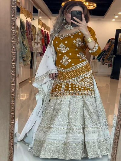 Mustard Cream Gold Embroidery Kurti Skirt With Dupatta - BONYHUBSALWAR KAMEEZ