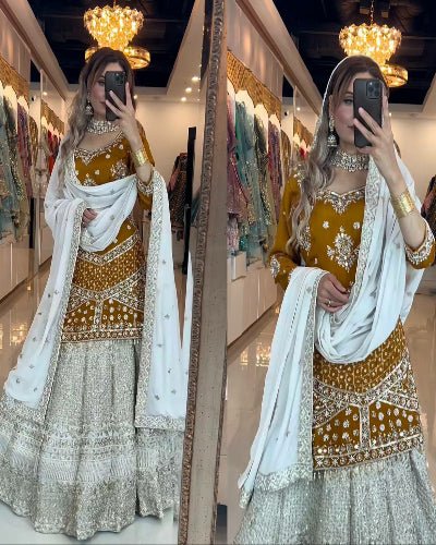 Mustard Cream Gold Embroidery Kurti Skirt With Dupatta - BONYHUBSALWAR KAMEEZ