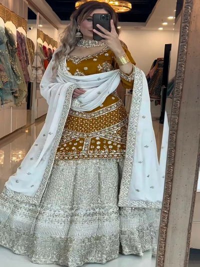 Mustard Cream Gold Embroidery Kurti Skirt With Dupatta - BONYHUBSALWAR KAMEEZ