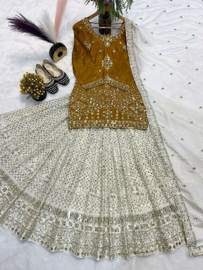 Mustard Cream Gold Embroidery Kurti Skirt With Dupatta - BONYHUBSALWAR KAMEEZ
