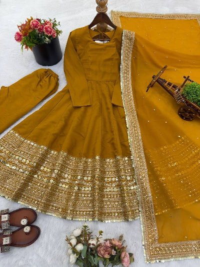 Mustard Festive Roman Silk Sequence Anarkali Suit UK Next Day - BONYHUBSALWAR KAMEEZ