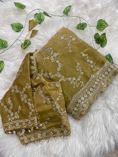 Mustard Gold Embroidered Ready to Wear Saree with Free Stitched Blouse - BONYHUBSAREE