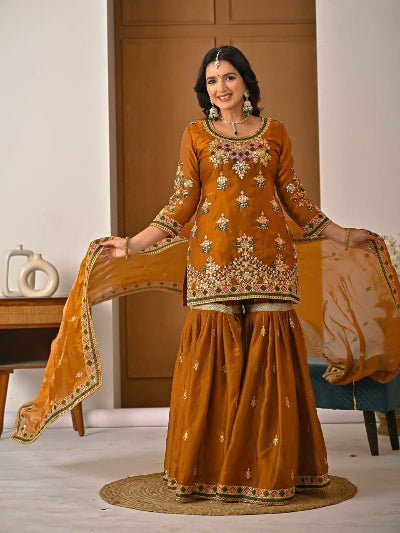 Mustard Gold Sequence Embroidery Gharara Suit - BONYHUBSALWAR KAMEEZ