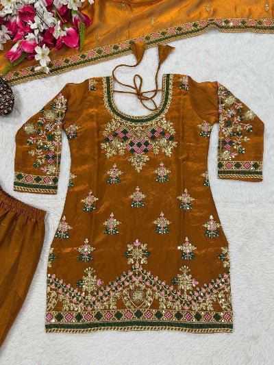 Mustard Gold Sequence Embroidery Gharara Suit - BONYHUBSALWAR KAMEEZ