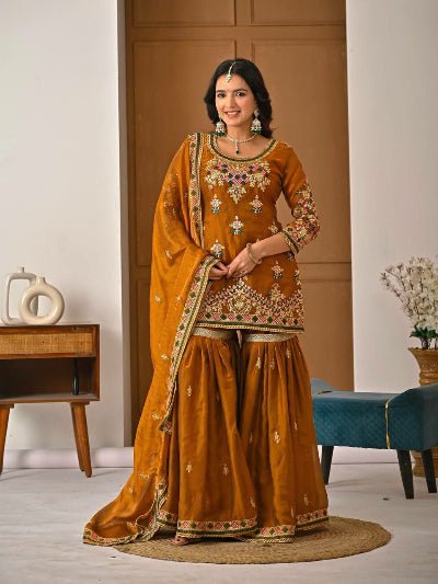 Mustard Gold Sequence Embroidery Gharara Suit - BONYHUBSALWAR KAMEEZ