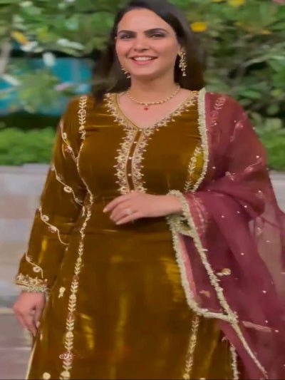 Mustard Gold Velvet Moti Work Salwar Suit Set - BONYHUBSALWAR KAMEEZ