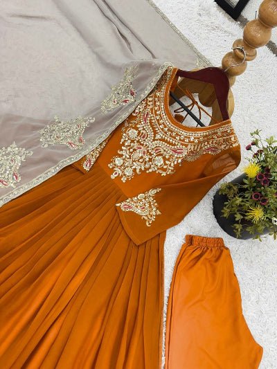 Mustard Intricate Thread Embroidered Anarkali Suit Set - BONYHUBSALWAR KAMEEZ