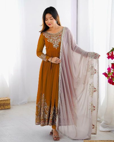 Mustard Intricate Thread Embroidered Anarkali Suit Set - BONYHUBSALWAR KAMEEZ