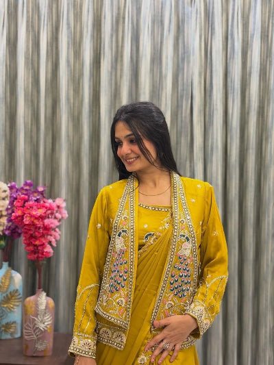 Mustard Ready to Wear Saree with Embroidered Jacket – Pre Stitched Party Wear UK - BONYHUBSAREE