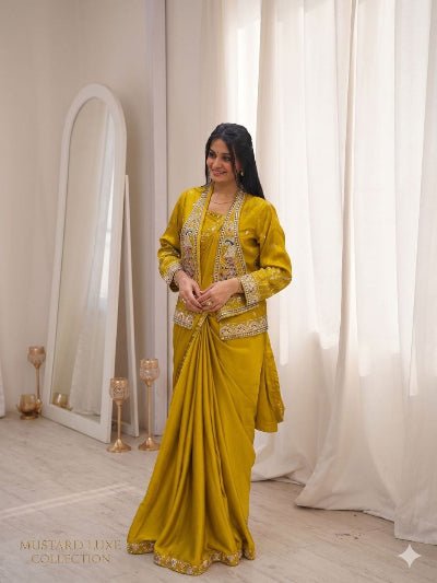 Mustard Ready to Wear Saree with Embroidered Jacket – Pre Stitched Party Wear UK - BONYHUBSAREE