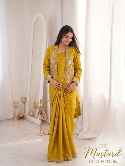 Mustard Ready to Wear Saree with Embroidered Jacket – Pre Stitched Party Wear UK - BONYHUBSAREE