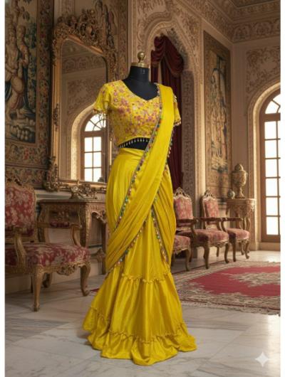 Mustard Ready To Wear Saree with Full Stitch Blouse - BONYHUBSAREE