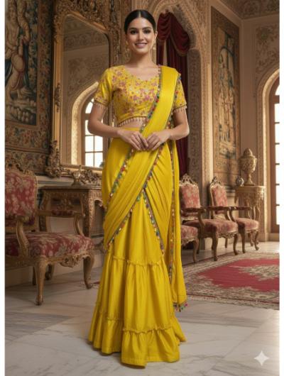 Mustard Ready To Wear Saree with Full Stitch Blouse - BONYHUBSAREE