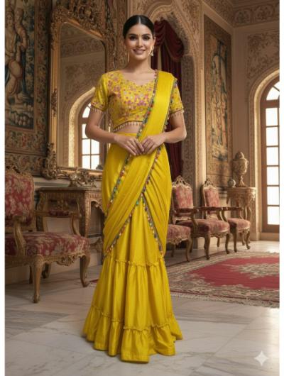 Mustard Ready To Wear Saree with Full Stitch Blouse - BONYHUBSAREE